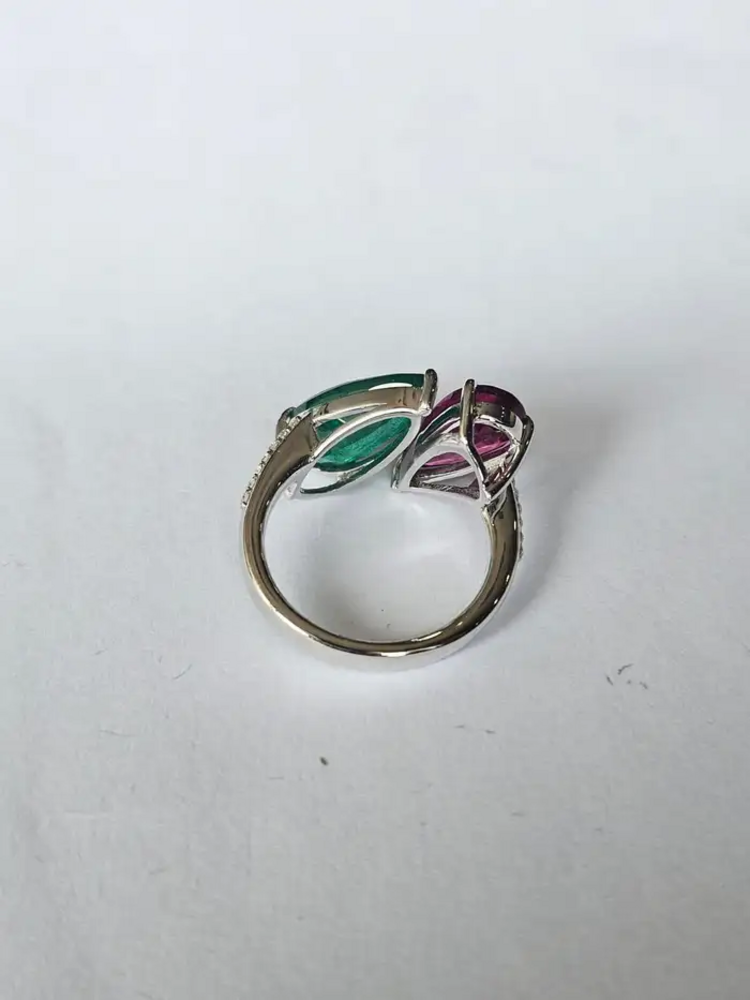 18k White Gold Diamond Cuff Ring - Natural Rubellite & Zambian Emerald Women Ring