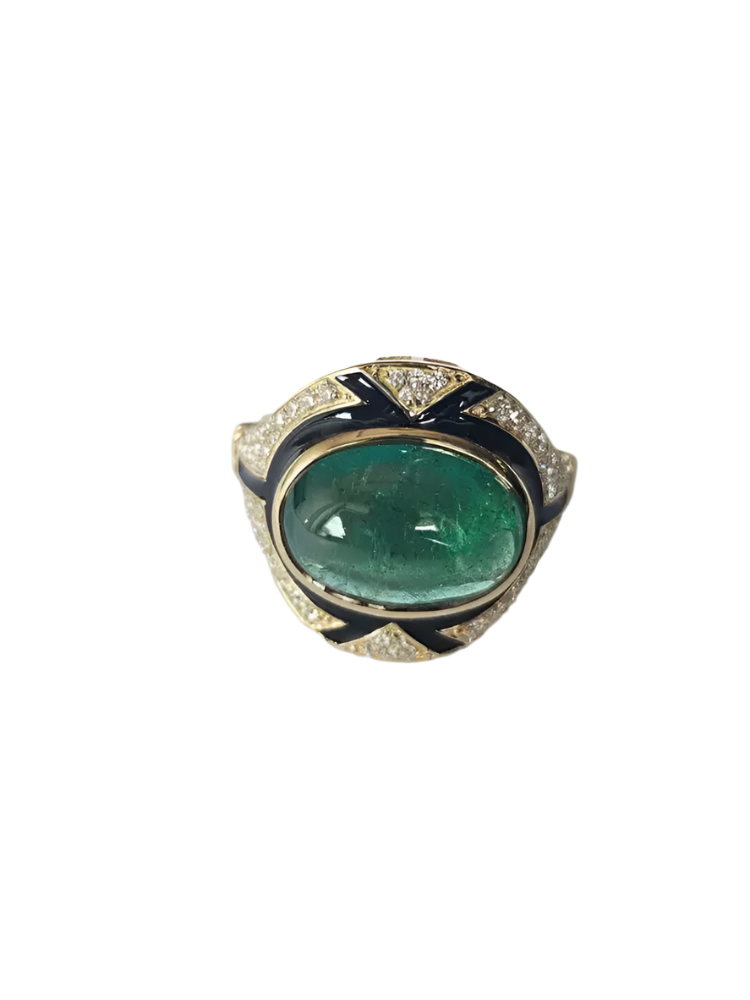 18k Yellow Gold Emerald & Diamond Art Deco Ring - Natural Zambian Emerald Women Jewelry