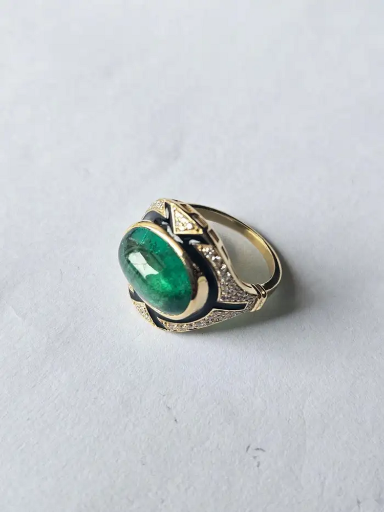 18k Yellow Gold Emerald & Diamond Art Deco Ring - Natural Zambian Emerald Women Jewelry