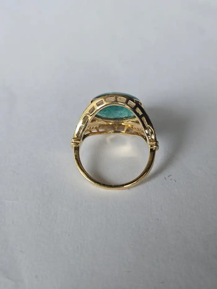 18k Yellow Gold Emerald & Diamond Art Deco Ring - Natural Zambian Emerald Women Jewelry