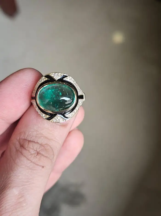 18k Yellow Gold Emerald & Diamond Art Deco Ring - Natural Zambian Emerald Women Jewelry