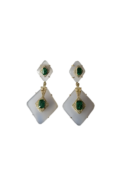 18k Yellow Gold Dangle Earrings - Natural Emerald & Rock Crystal Statement Earrings - Gold Diamond Women Earrings