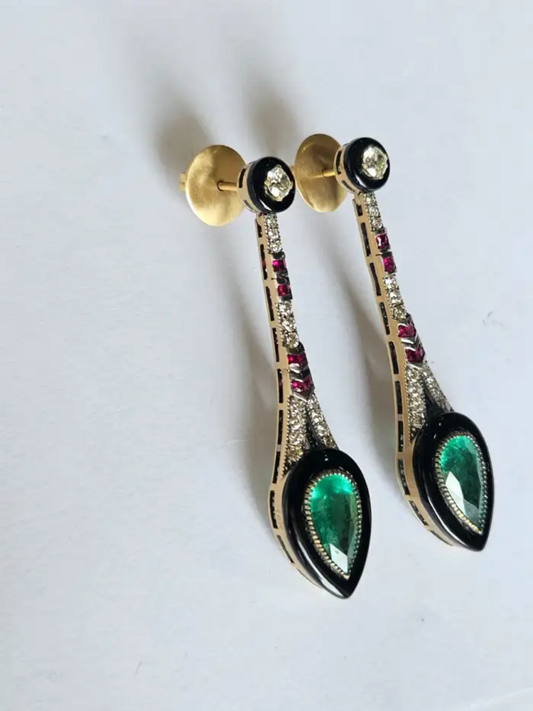 18k Yellow Gold Dangle Earrings - Pear Shape Emerald & 0.87 Ct. Diamond Earrings - Black Onyx , Ruby Gemstone Dangle Earrings - Art Deco