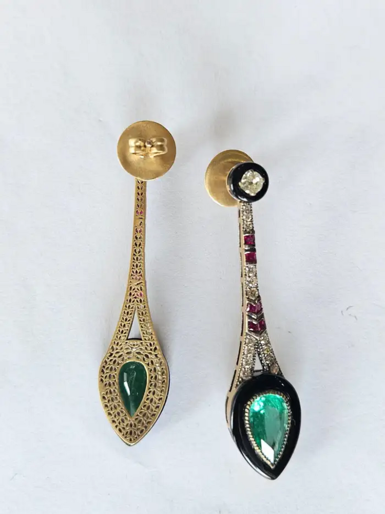 18k Yellow Gold Dangle Earrings - Pear Shape Emerald & 0.87 Ct. Diamond Earrings - Black Onyx , Ruby Gemstone Dangle Earrings - Art Deco