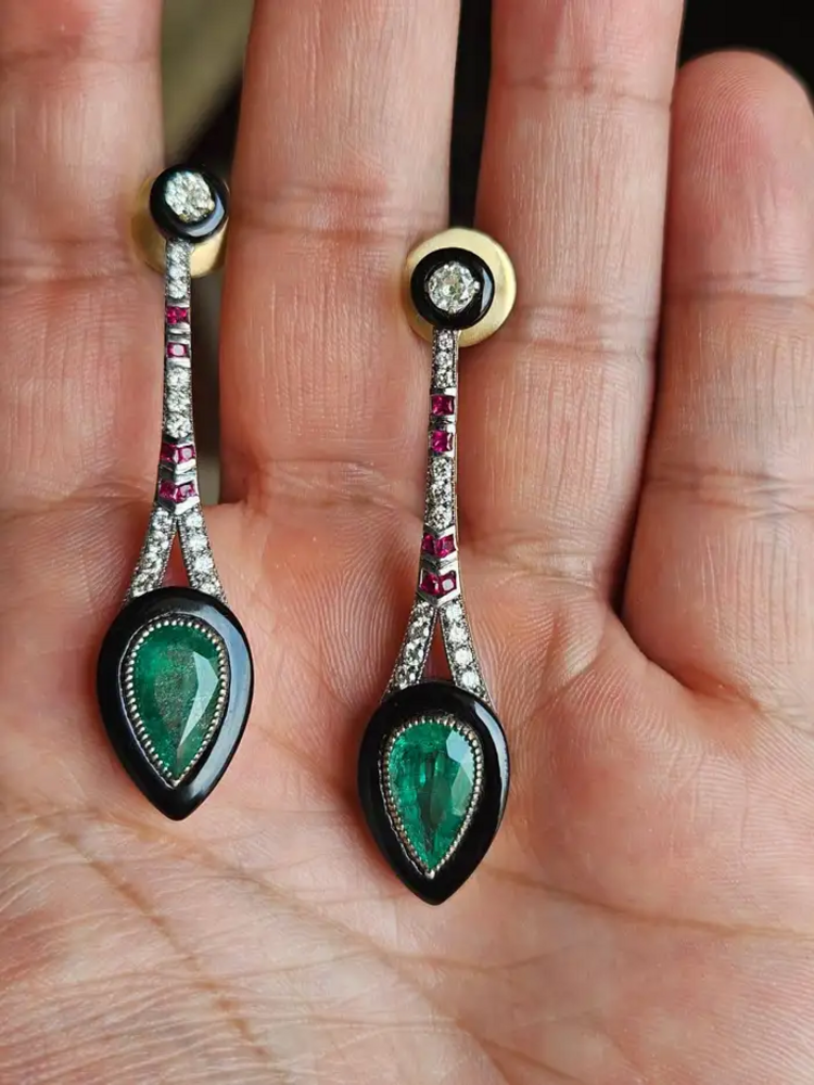 18k Yellow Gold Dangle Earrings - Pear Shape Emerald & 0.87 Ct. Diamond Earrings - Black Onyx , Ruby Gemstone Dangle Earrings - Art Deco