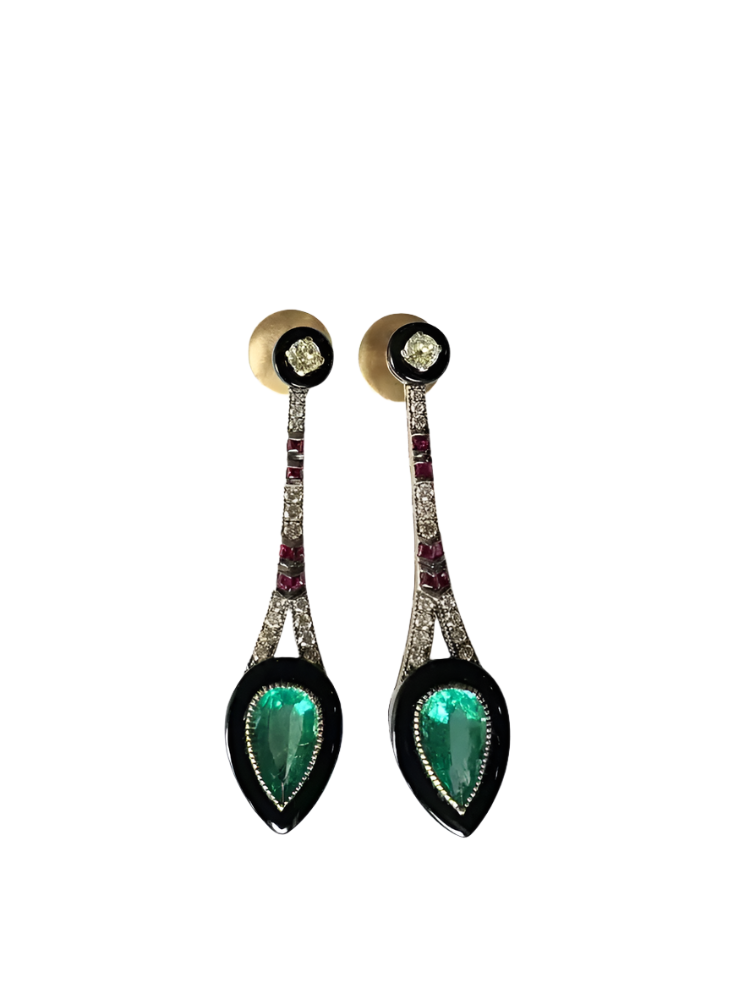 18k Yellow Gold Dangle Earrings - Pear Shape Emerald & 0.87 Ct. Diamond Earrings - Black Onyx , Ruby Gemstone Dangle Earrings - Art Deco