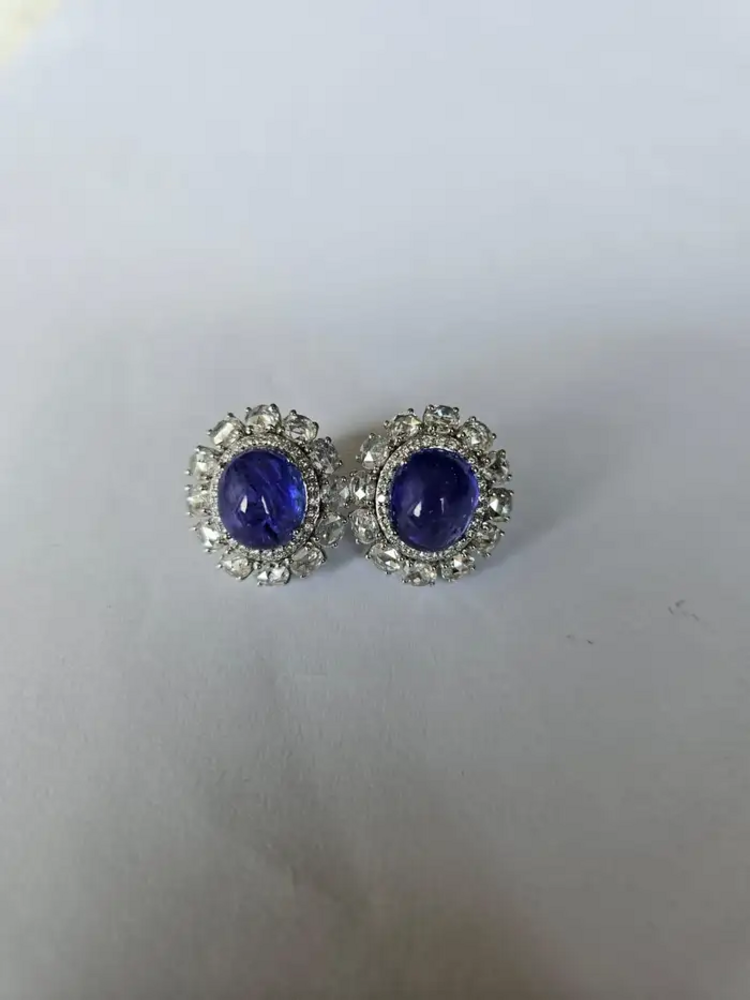 Natural Diamond & Tanzanite Gemstone Stud Earrings - 18k White Gold Women Jewelry