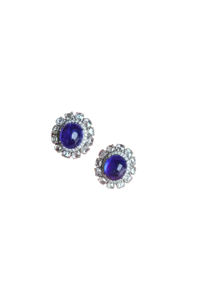 Natural Diamond & Tanzanite Gemstone Stud Earrings - 18k White Gold Women Jewelry