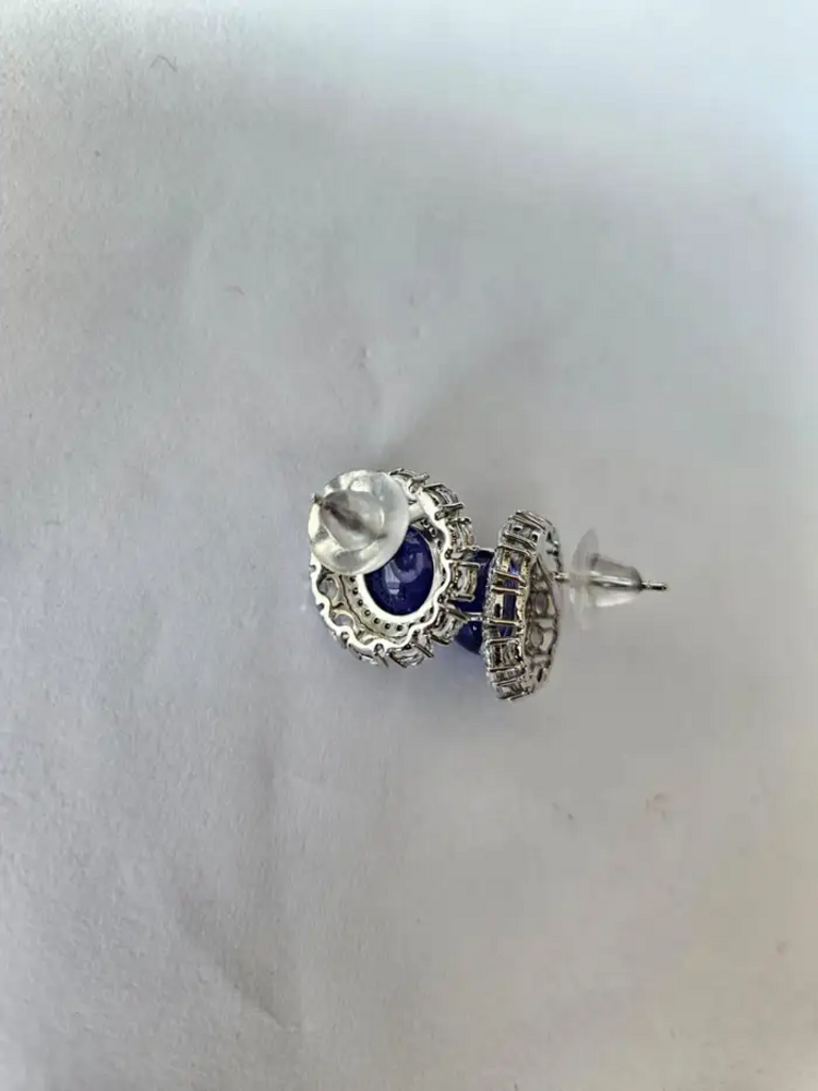 Natural Diamond & Tanzanite Gemstone Stud Earrings - 18k White Gold Women Jewelry