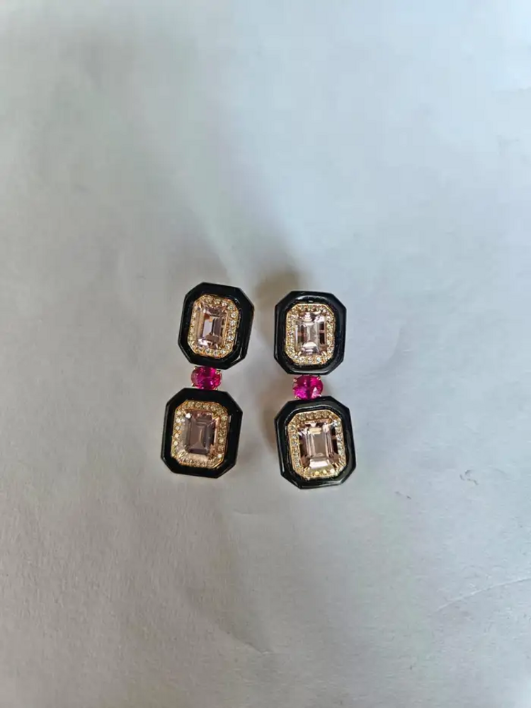 4.79 Ct. Morganite Gemstone Dangle Earrings - Solid 18k Rose Gold Diamond Wedding Earring - Natural Ruby Gemstone & Black Onyx Women Jewelry