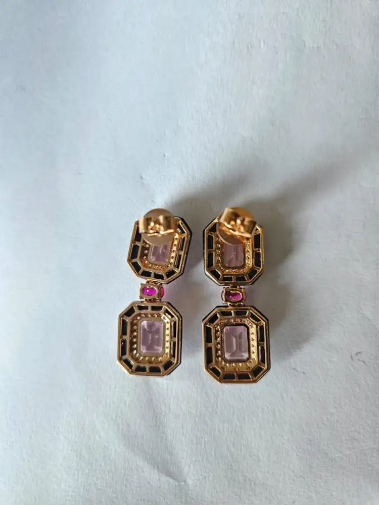 4.79 Ct. Morganite Gemstone Dangle Earrings - Solid 18k Rose Gold Diamond Wedding Earring - Natural Ruby Gemstone & Black Onyx Women Jewelry