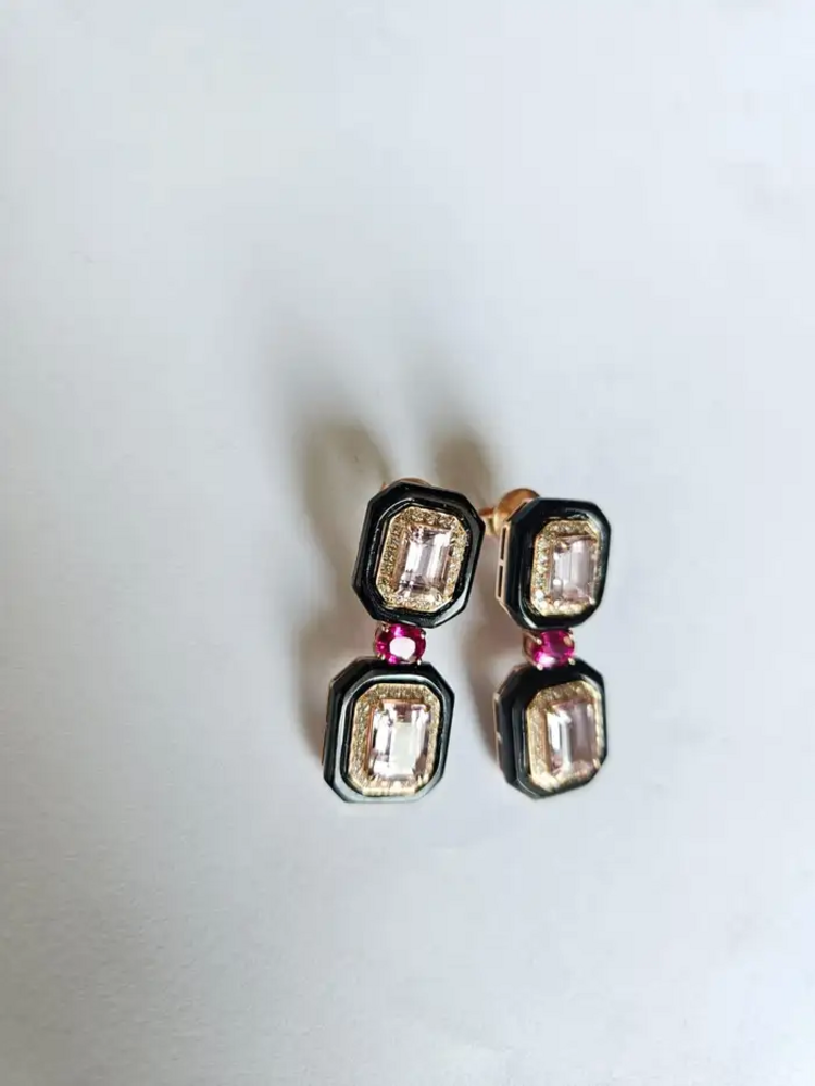 4.79 Ct. Morganite Gemstone Dangle Earrings - Solid 18k Rose Gold Diamond Wedding Earring - Natural Ruby Gemstone & Black Onyx Women Jewelry