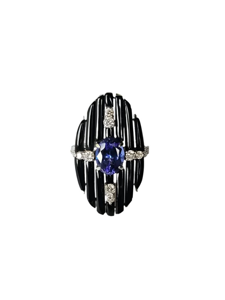 Black Onyx & Tanzanite Gemstone Ring - 18k White Gold Diamond Cocktail Ring