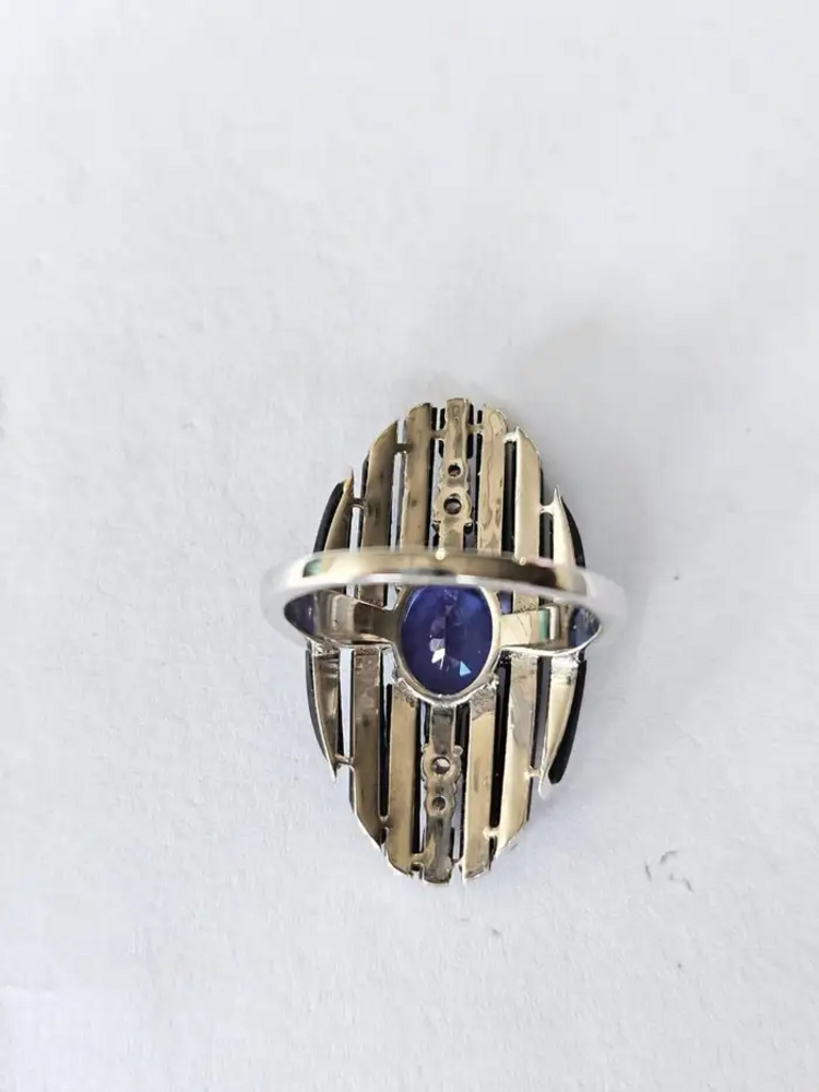 Black Onyx & Tanzanite Gemstone Ring - 18k White Gold Diamond Cocktail Ring