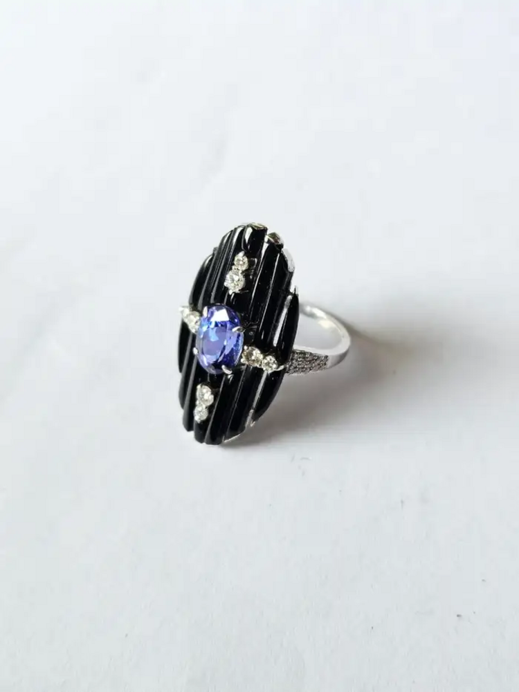 Black Onyx & Tanzanite Gemstone Ring - 18k White Gold Diamond Cocktail Ring