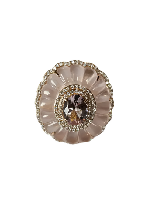 Natural Morganite & Rose Quartz Gemstone Ring - 18k Yellow Gold Diamond Cocktail Ring