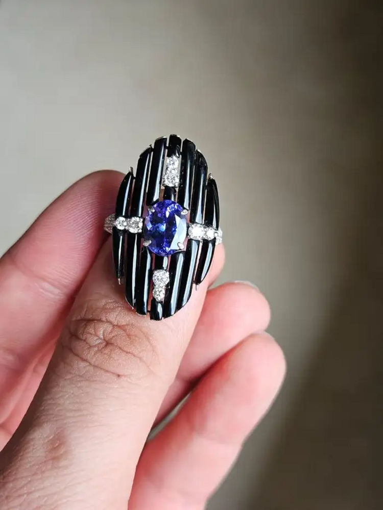 Black Onyx & Tanzanite Gemstone Ring - 18k White Gold Diamond Cocktail Ring