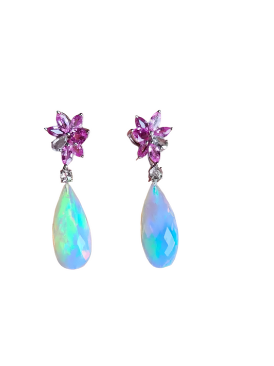 Natural Ethiopian Opal & Diamond Dangle Earrings - 18k White Gold Pink Sapphire Women Jewelry