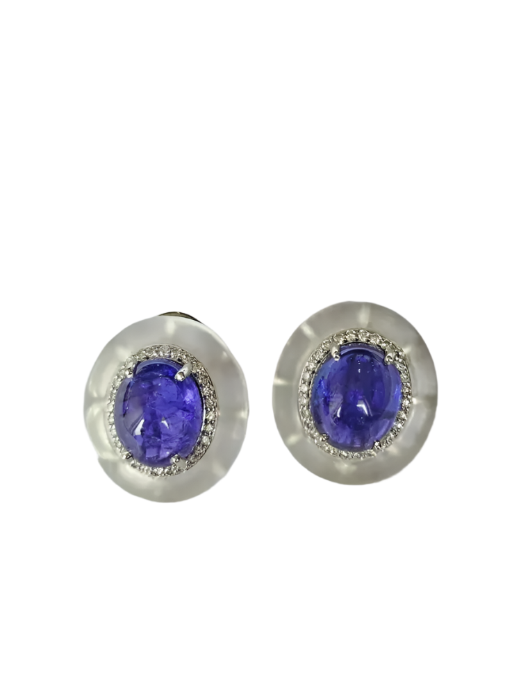 Set in 18K Gold, Tanzanite Cabochon, Rock Crystal & Diamonds Stud Earrings