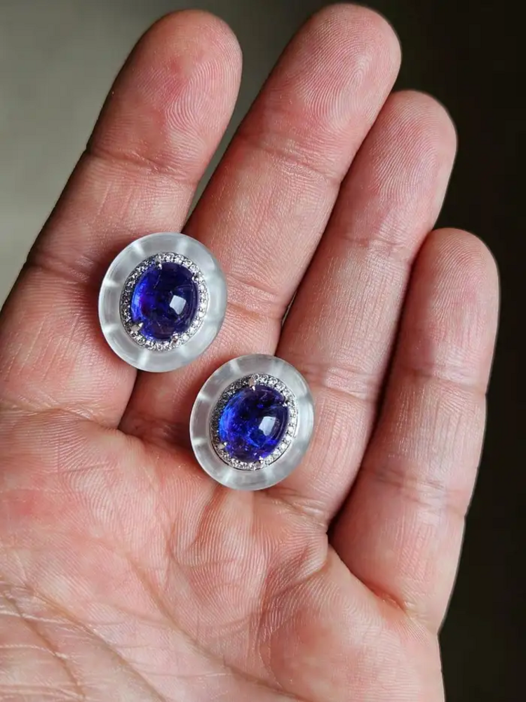 Set in 18K Gold, Tanzanite Cabochon, Rock Crystal & Diamonds Stud Earrings