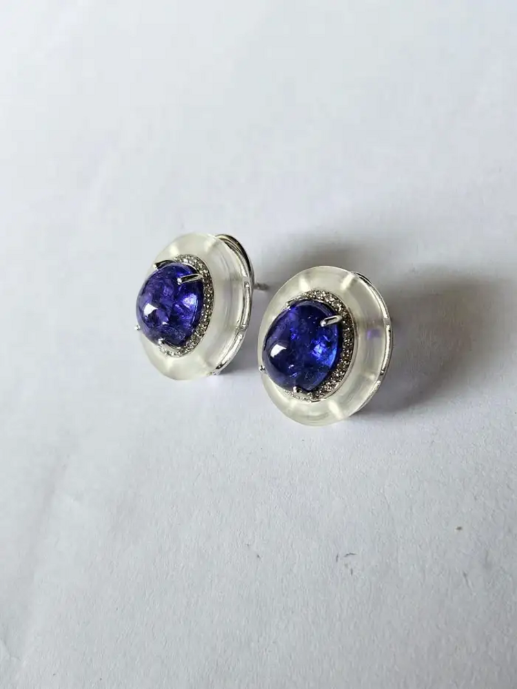 Set in 18K Gold, Tanzanite Cabochon, Rock Crystal & Diamonds Stud Earrings