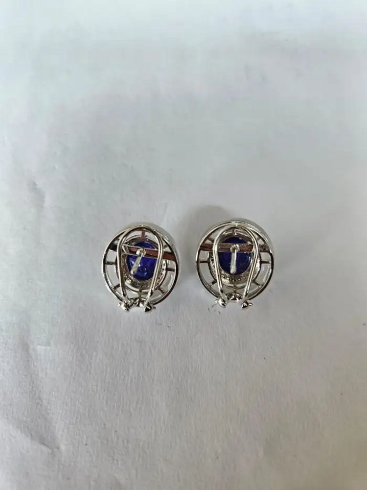 Set in 18K Gold, Tanzanite Cabochon, Rock Crystal & Diamonds Stud Earrings
