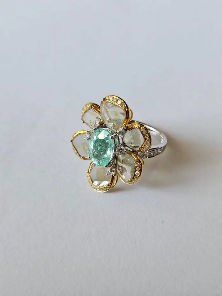 18k Yellow Gold Diamond Cocktail Ring - Natural Paraiba Tourmaline Gemstone Wedding Ring