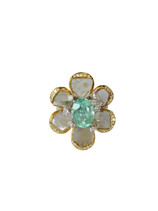 18k Yellow Gold Diamond Cocktail Ring - Natural Paraiba Tourmaline Gemstone Wedding Ring