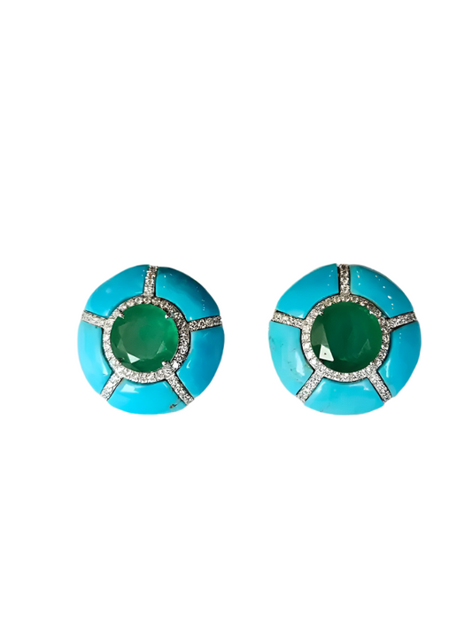 18k White Round Zambian Emerald Stud Earrings - Turquoise Gemstone & Diamond Women Jewelry