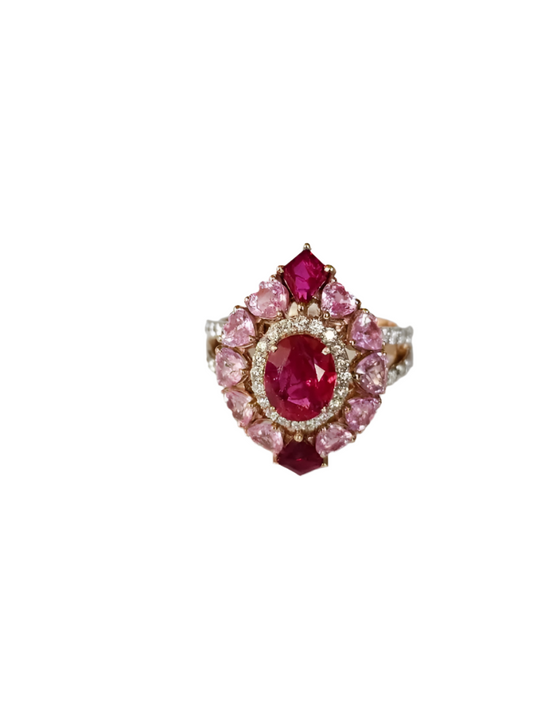 18K Yellow Gold, natural Mozambique Ruby, Pink Sapphire & Diamonds Cocktail Ring