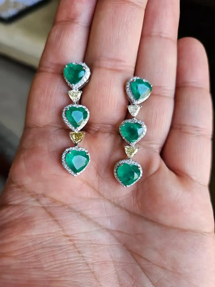 18K Gold, 8.26 carat, natural Zambian Emeralds & Diamonds Dangle Earrings