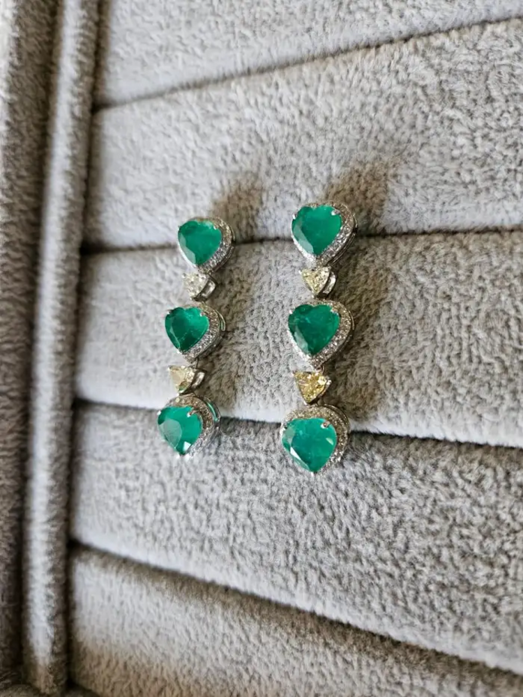 18K Gold, 8.26 carat, natural Zambian Emeralds & Diamonds Dangle Earrings