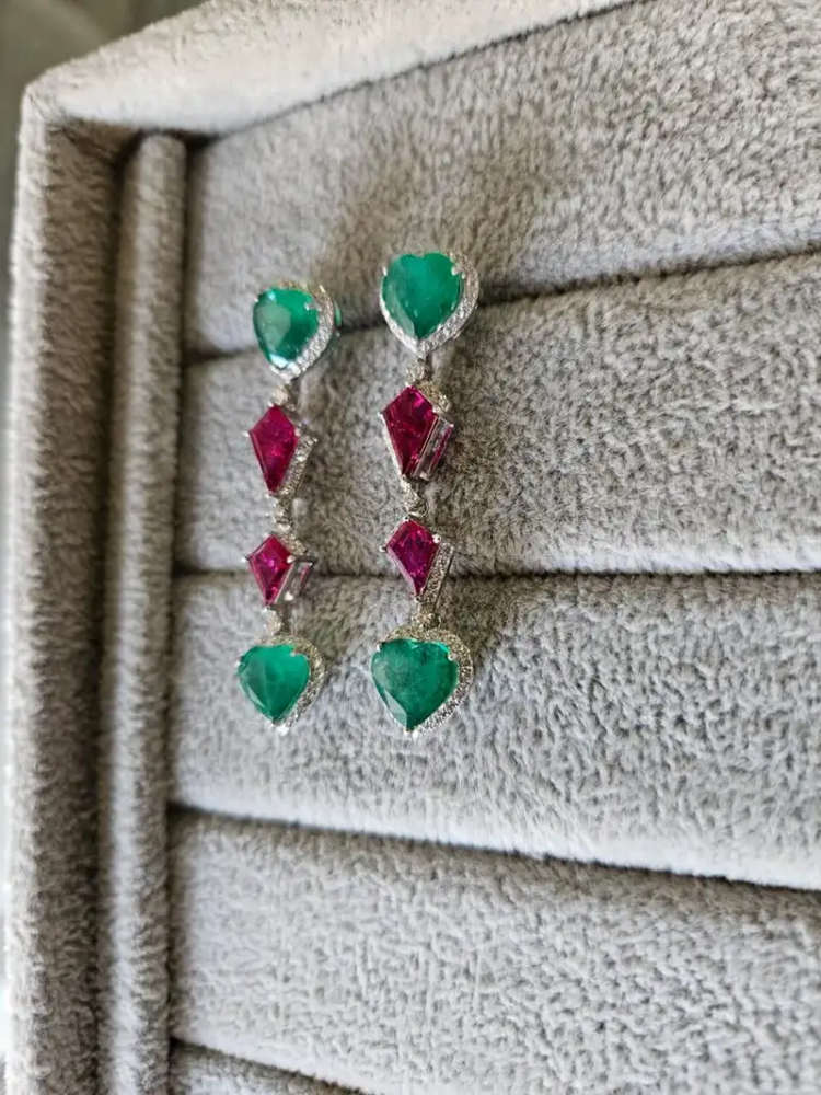 18k White Gold Diamond Chandelier Earrings - Heart Shape Zambian Emerald & Ruby Dangle Women Earrings