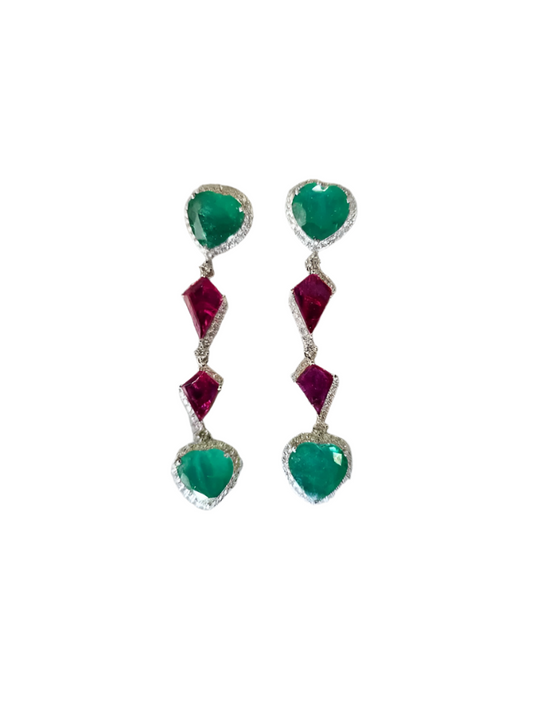 18k White Gold Diamond Chandelier Earrings - Heart Shape Zambian Emerald & Ruby Dangle Women Earrings