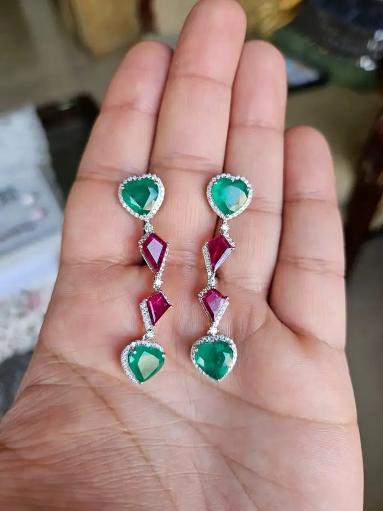 18k White Gold Diamond Chandelier Earrings - Heart Shape Zambian Emerald & Ruby Dangle Women Earrings