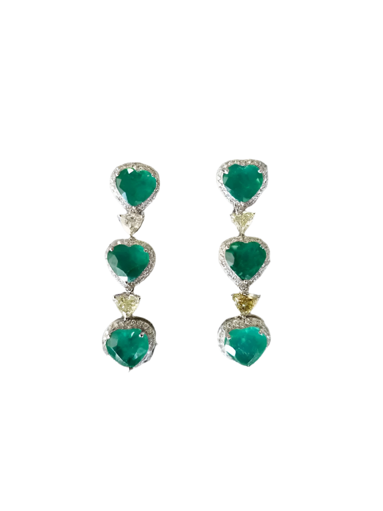 18K Gold, 8.26 carat, natural Zambian Emeralds & Diamonds Dangle Earrings
