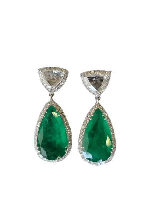 Solid 18k White Gold Handmade Dangle Earrings - Natural Zambian Emerald & Rose Cut Diamond Drop Dangle Women Earrings