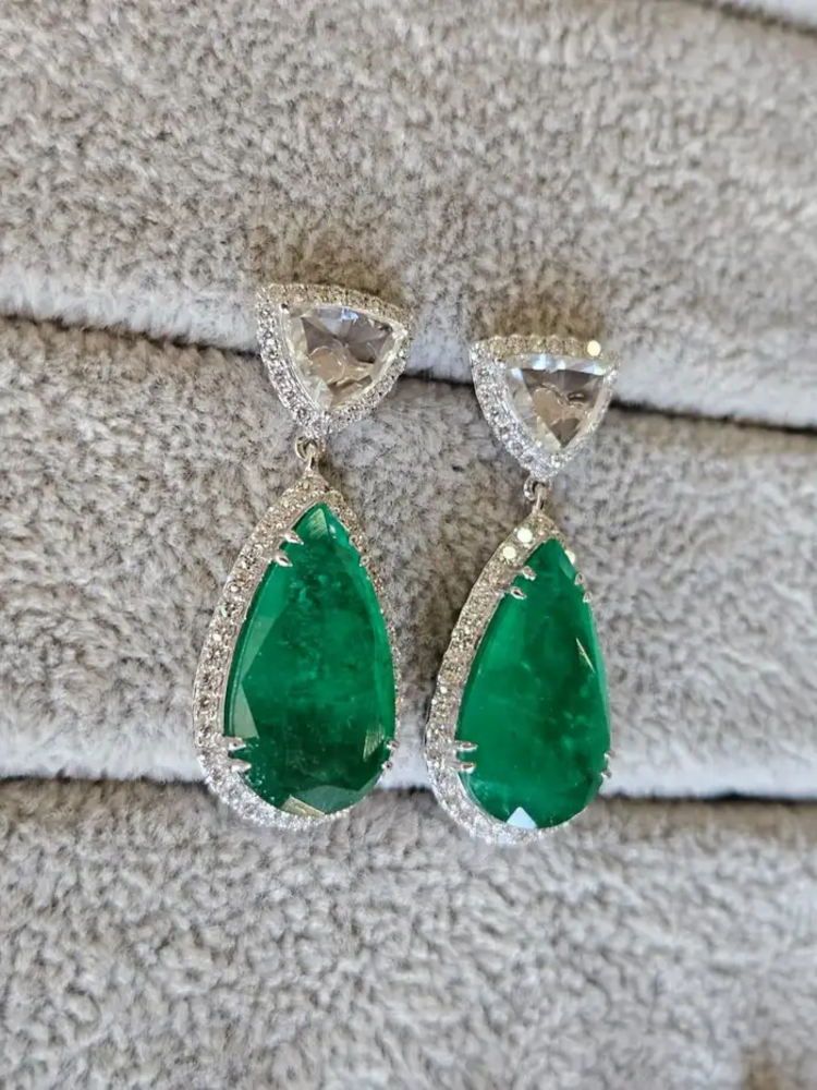 Solid 18k White Gold Handmade Dangle Earrings - Natural Zambian Emerald & Rose Cut Diamond Drop Dangle Women Earrings