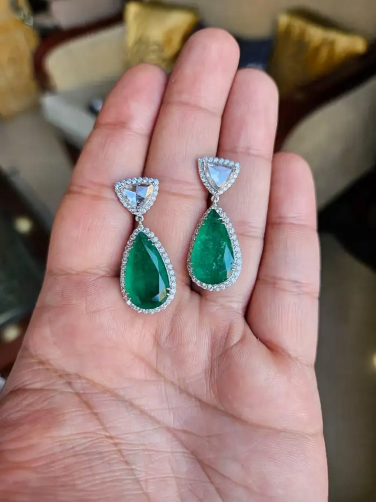 Solid 18k White Gold Handmade Dangle Earrings - Natural Zambian Emerald & Rose Cut Diamond Drop Dangle Women Earrings