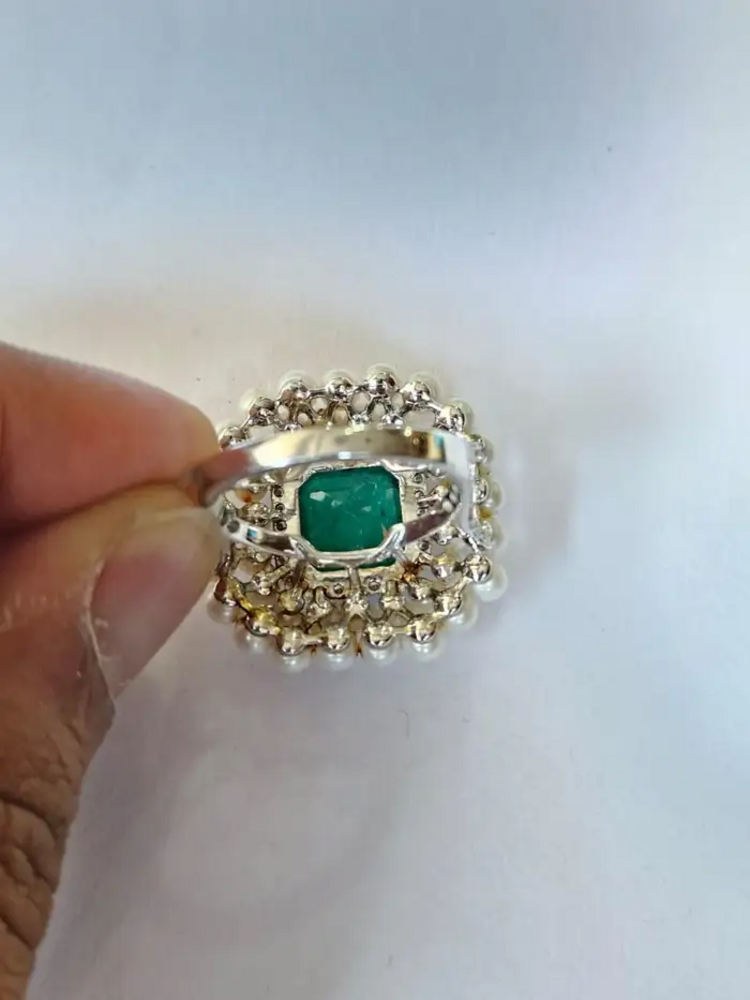 Natural Zambian Emerald & Diamond Wedding Ring - 18k White Gold Fresh Water Pearl Cocktail Ring
