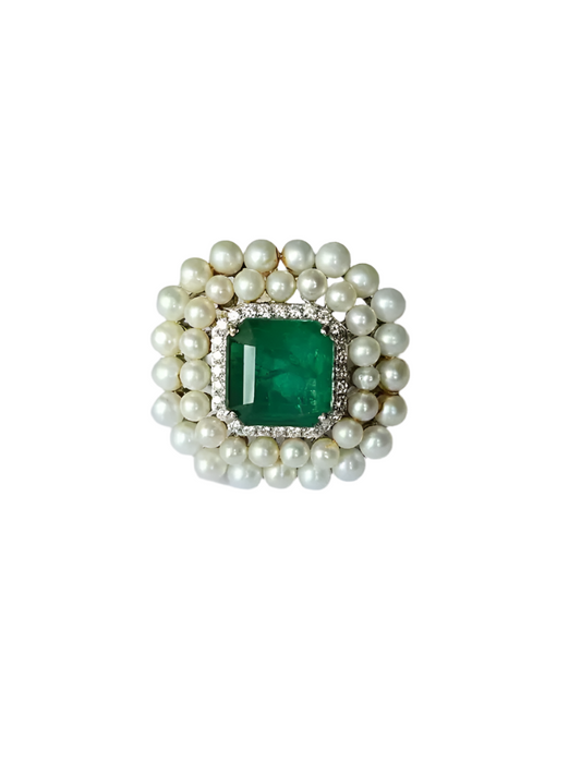 Natural Zambian Emerald & Diamond Wedding Ring - 18k White Gold Fresh Water Pearl Cocktail Ring