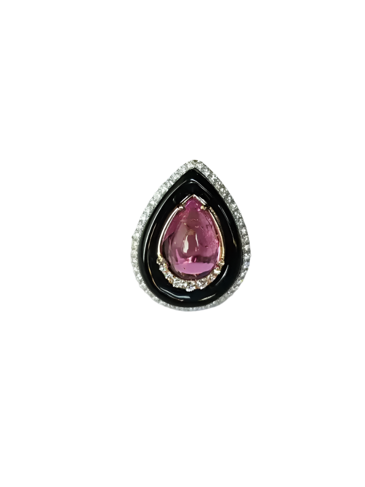 Tourmaline cabochon, Black Onyx & Diamonds Engagement Ring