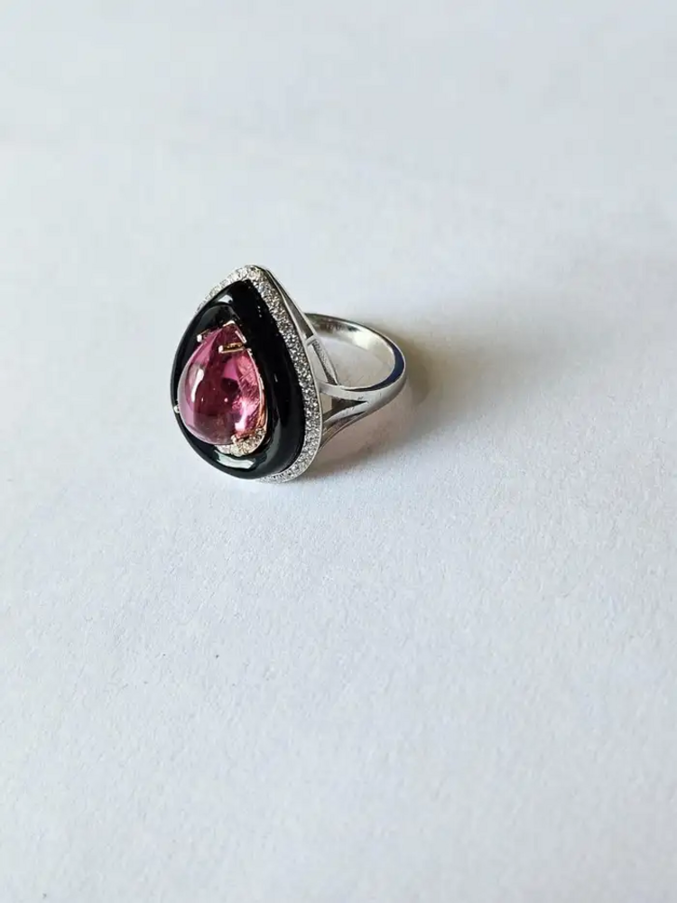 Tourmaline cabochon, Black Onyx & Diamonds Engagement Ring