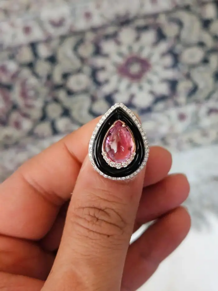 Tourmaline cabochon, Black Onyx & Diamonds Engagement Ring