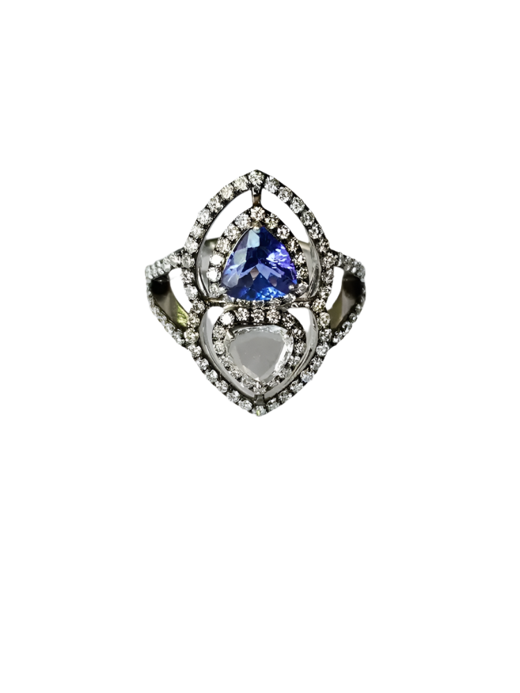 Trillion Shape Tanzanite Gold Ring - Natural Rose Cut Diamond 18k Gold Wedding Ring