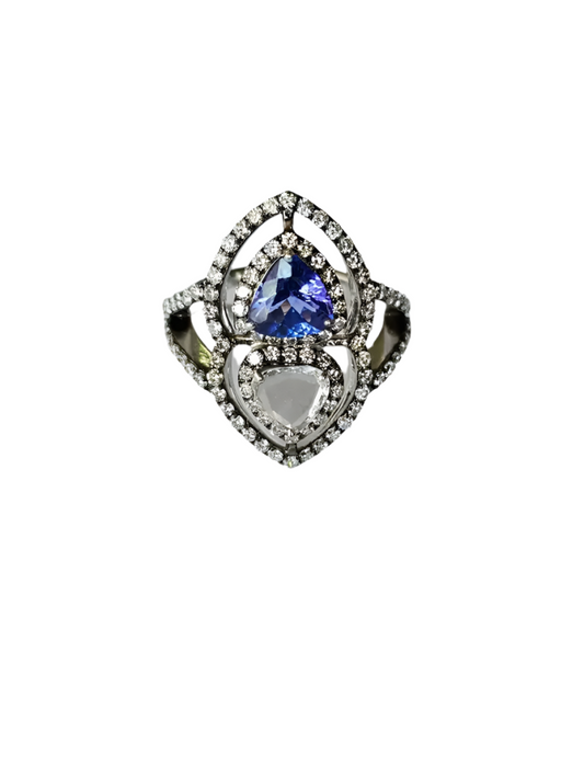 Trillion Shape Tanzanite Gold Ring - Natural Rose Cut Diamond 18k Gold Wedding Ring