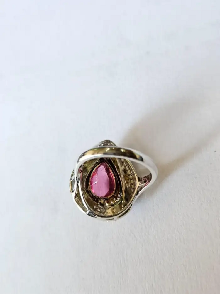 Tourmaline cabochon, Black Onyx & Diamonds Engagement Ring