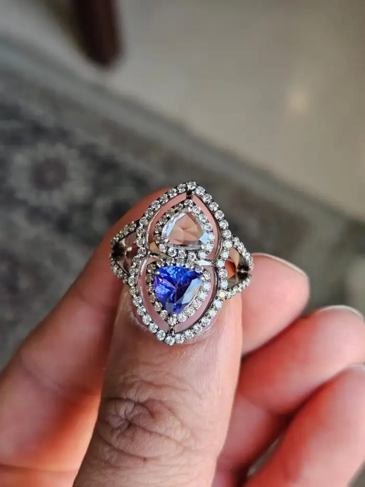 Trillion Shape Tanzanite Gold Ring - Natural Rose Cut Diamond 18k Gold Wedding Ring