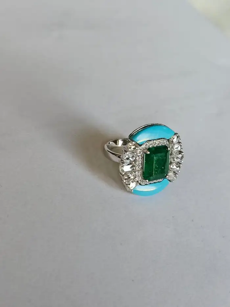Natural Emerald & Rose Cut Diamond Ring - 18k White Gold Turquoise Gemstone Wedding Ring