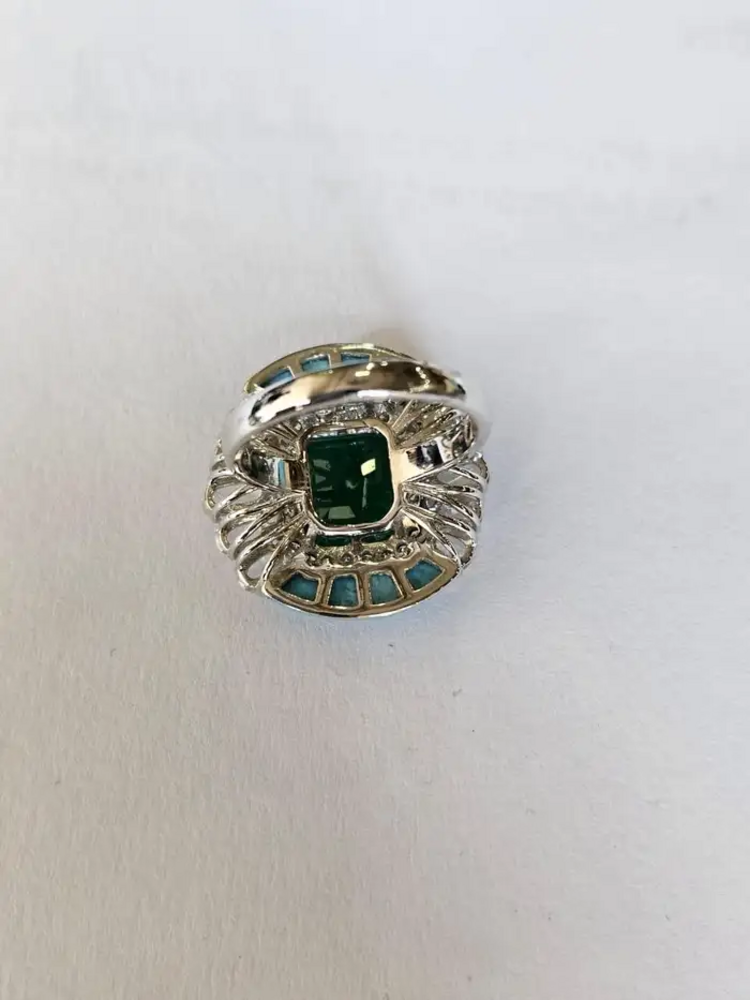 Natural Emerald & Rose Cut Diamond Ring - 18k White Gold Turquoise Gemstone Wedding Ring